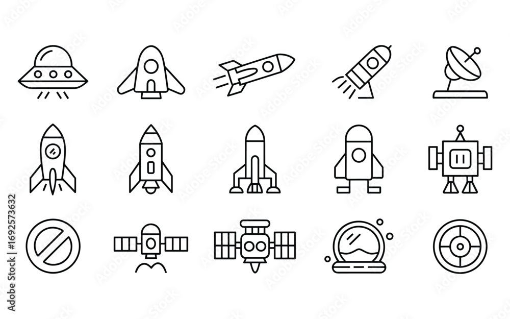 Fototapeta premium Space exploration and science fiction icons set with rockets and UF Os Keywords: space, rocket, UFO, satellite, spaceship