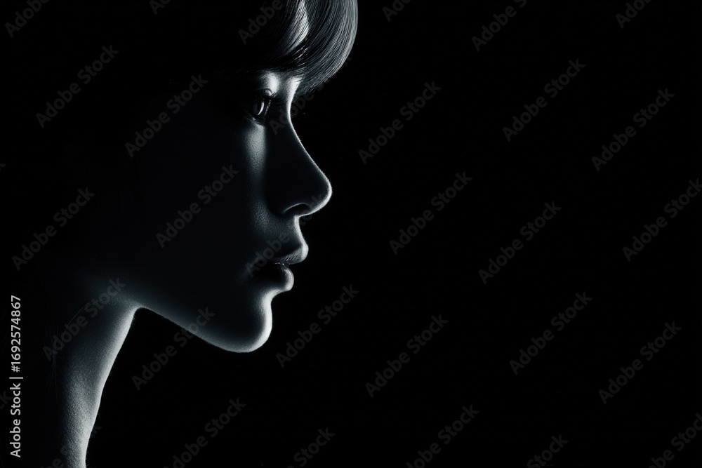 Obraz premium Elegant young woman profile portrait with dramatic rim lighting on black background