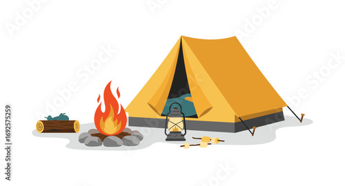 Camping adventure: cozy tent, campfire, and lantern on a relaxing outdoor getaway
