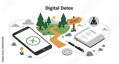 Digital detox journey with nature path and mindfulness symbols