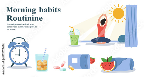 Morning routine habits with yoga, healthy breakfast, and relaxation
