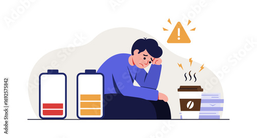 Exhausted office worker needing coffee boost for energy replenishment