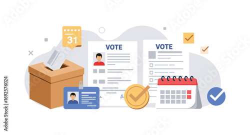 Flat style voting concept with ballot box, calendar, checklist, and id card for election day