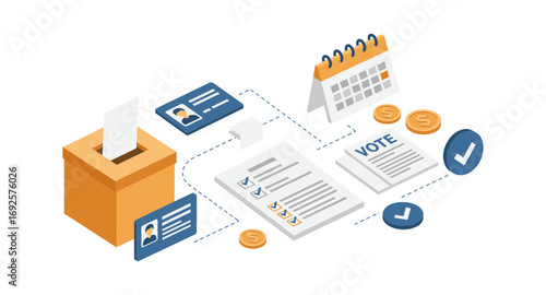 Isometric voting concept with ballot box, id cards, and calendar