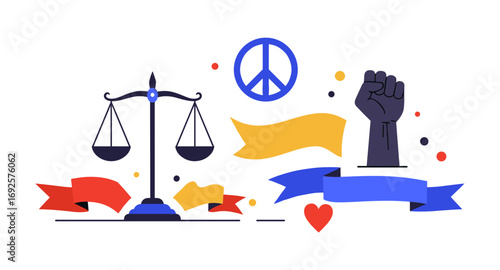 Equality and justice symbols: peace, unity, and balance in modern flat design