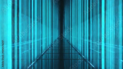 A dark 3D futuristic corridor endless glowing royal blue gridlines, binary codes rain vertical columns walls floor reflects codes digital infinity tunnel heartbeat global supercomputer. hi-tech VJ bg