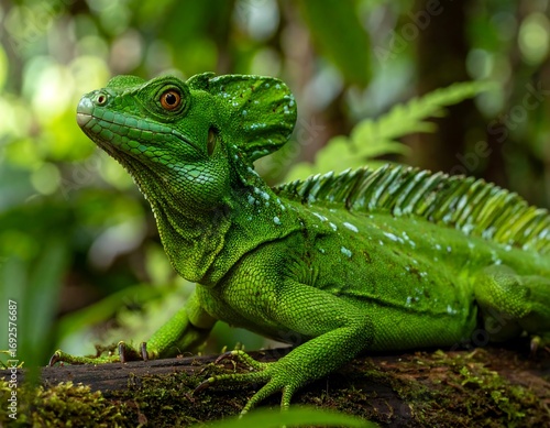 Wallpaper Mural Close-up of a vibrant green lizard on a mossy log in a lush rainforest Torontodigital.ca