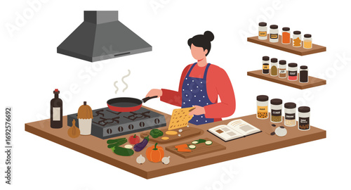 Cooking in a modern kitchen: woman preparing meal with fresh ingredients