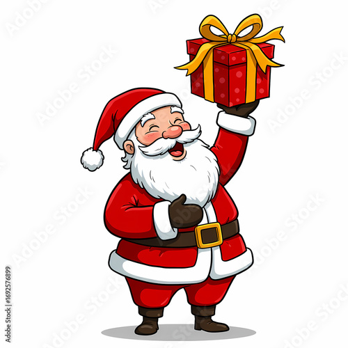 Joyful Santa Claus Holding Large Red Gift Box with Yellow Ribbon in Traditional Red Suit Against White Background