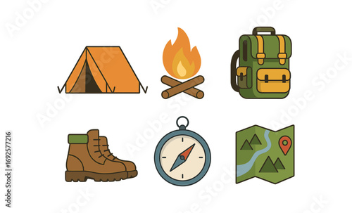 Outdoor adventure gear: camping essentials in retro flat design