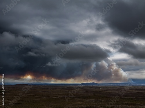DefaultVolcano, volcanic eruption, ash cloud, aerial view, Sundhnúkur crater chain, July 2025, Reykjanes Peninsula, Iceland