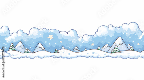 Cartoon Winter Mountain Range with Snow-Covered Peaks and Evergreen Trees Under Starry Light Blue Sky as Horizontal Banner with Copy Space