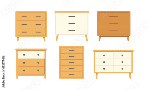 Modern wooden dressers with various drawer designs and warm lighting