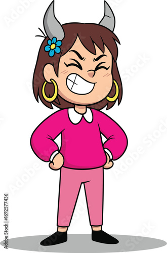Cartoon girl, gray horns, pink outfit, confident pose, flower hair clip, hoop earrings, smiling face, fantasy style, vector art, playful character