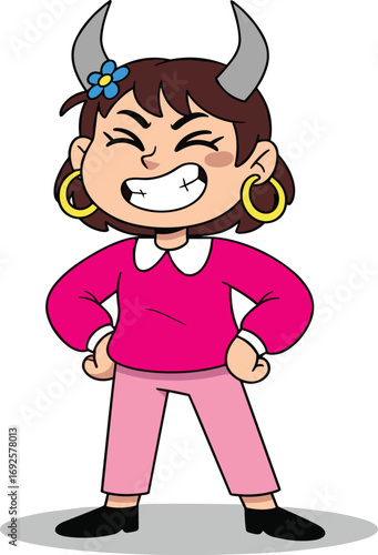 Cartoon character, pink outfit, gray horns, confident pose, fantasy style, smiling face, hoop earrings, flower hair, vector art, playful design