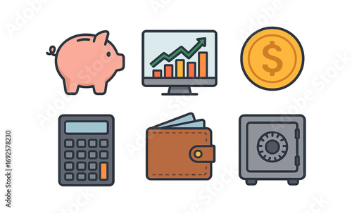 Financial management icons: piggy bank, growth chart, coin, calculator, wallet, safe