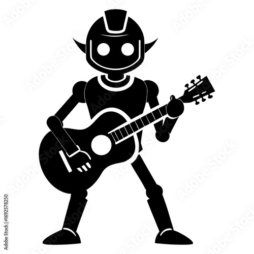 Robot playing acoustic guitar silhouette character concept vector
