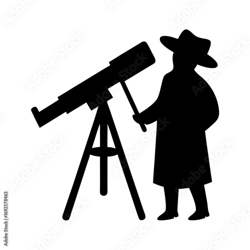 Silhouette of astronomer gazing through telescope at night sky vector