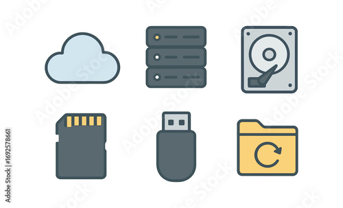 Tech icons: cloud, server, hard drive, sd card, usb, folder in neon style