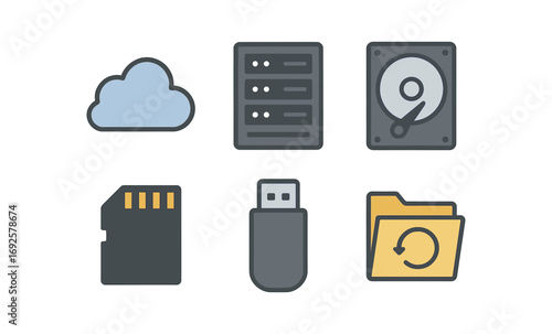 Data storage icons: cloud, server, hard drive, sd card, usb