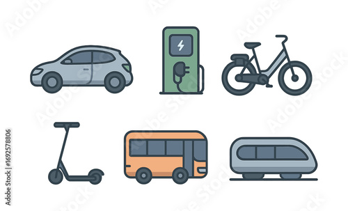 Energy efficient transportation: modern icons of electric mobility in flat style