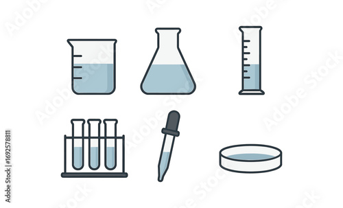 Laboratory glassware icons featuring beaker, flask, test tubes, dropper, and petri dish