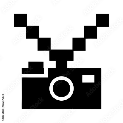 Retro pixelated camera flashing light silhouette icon vector