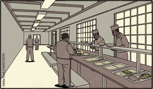 "A monochromatic cartoon illustration of a prison dining hall or mess hall. Inmates in uniform are lining up for food at a serving counter. A server is behind the counter distributing food from large 