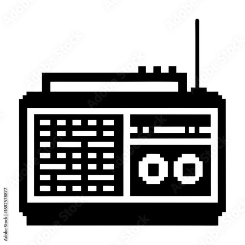 Retro pixelated radio silhouette broadcasting sound waves vector