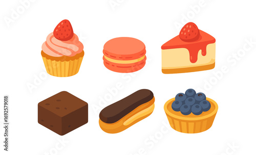 Glossy isometric desserts collection with cupcake macaron cheesecake and more