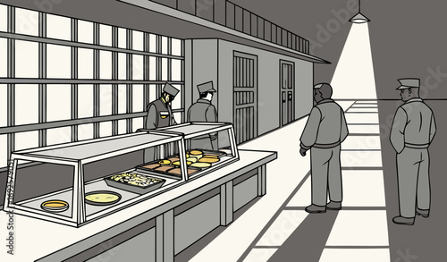 "A monochromatic cartoon illustration of a prison dining hall or mess hall. Inmates in uniform are lining up for food at a serving counter. A server is behind the counter distributing food from large 