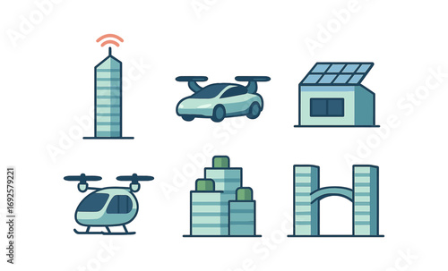 Futuristic technology icons featuring smart buildings and transport in blue tones
