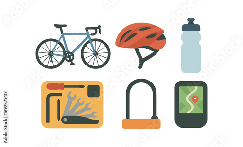 Essential gear for cyclists: bicycle, helmet, water bottle, tools, lock, gps map