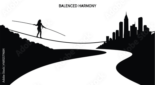 Silhouette of a tightrope walker balancing across a city skyline, representing ambition and focus