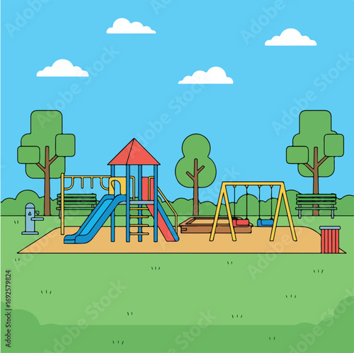 child, amusement, illustration, slide, outside, swing, outdoor, sandbox, recreation, childhood, toy, park, vector, playground, kindergarten, play, landscape, garden, cartoon, summer, house, seesaw, 