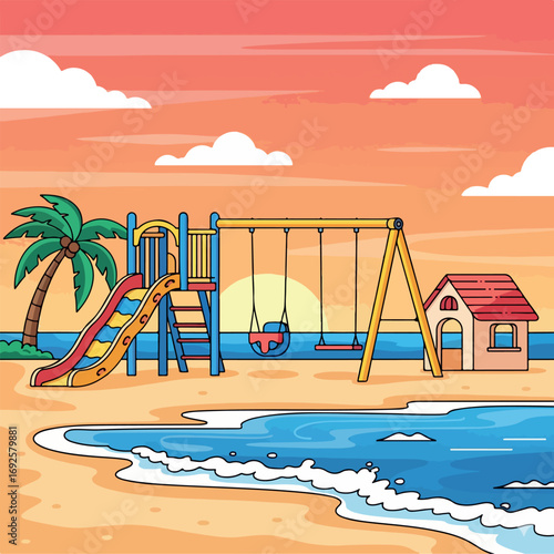 child, amusement, illustration, slide, outside, swing, outdoor, sandbox, recreation, childhood, toy, park, vector, playground, kindergarten, play, landscape, garden, cartoon, summer, house, seesaw, 