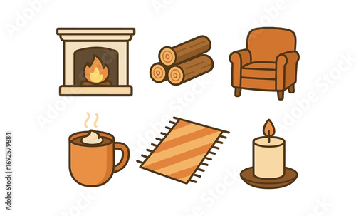 Cozy home elements with fireplace, armchair, hot drink, and candle in warm tones