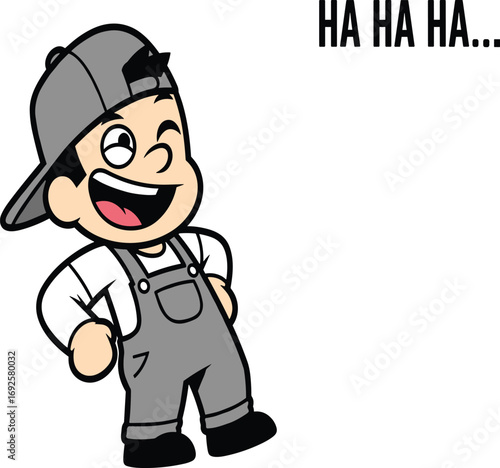 Laughing cartoon boy, grey cap, white shirt, grey overalls, cheerful expression, winking eye, HA HA HA text, playful pose, vector illustration, humorous design