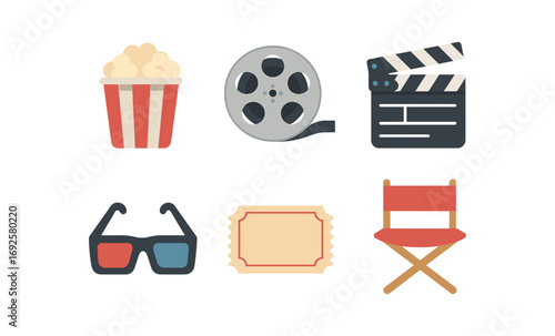Cinema icons: movie reel, popcorn, clapperboard, 3d glasses, ticket, director chair