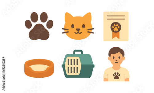 Pet care icons set featuring cat, carrier, and owner in soft gradient style