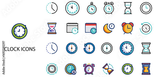 Clock simple concept 24 color icons set .Vector illustration.