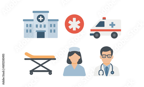 Glowing healthcare symbols with hospital, ambulance, and medical staff icons