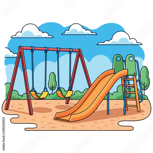 child, amusement, illustration, slide, outside, swing, outdoor, sandbox, recreation, childhood, toy, park, vector, playground, kindergarten, play, landscape, garden, cartoon, summer, house, seesaw, 