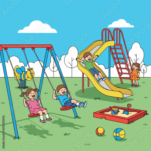 illustration, park, vector, playground, play, childhood, swing, child, summer, background, cartoon, activity, recreation, slide, outdoor, kindergarten, fun, equipment, landscape, children, outside, 