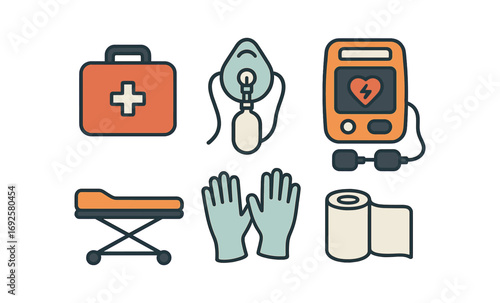 Essential medical supplies icons set in modern flat style for emergency situations