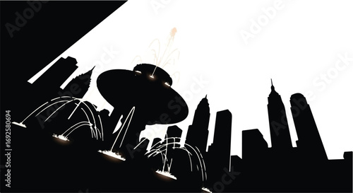 Futuristic alien tripod walks across a city skyline at night, creating a dramatic silhouette against the bright sky.