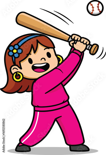 Cartoon girl playing baseball, pink outfit, swinging bat, hitting ball, vector illustration, sporty action, cheerful child, athletic pose, fun moment