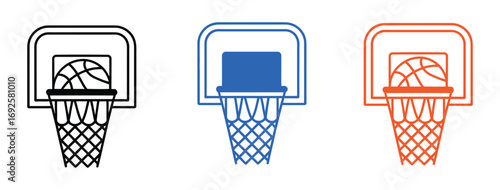 Black orange and blue icon set showing various basketball hoop designs and their components for use in sports graphics and illustrations