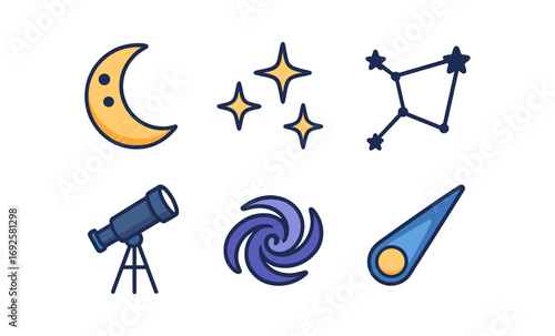 Cosmic icons set: celestial bodies and telescopic exploration