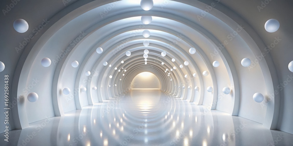 Obraz premium A futuristic white corridor with glowing orbs and a reflective floor, creating an elegant and modern architectural design
